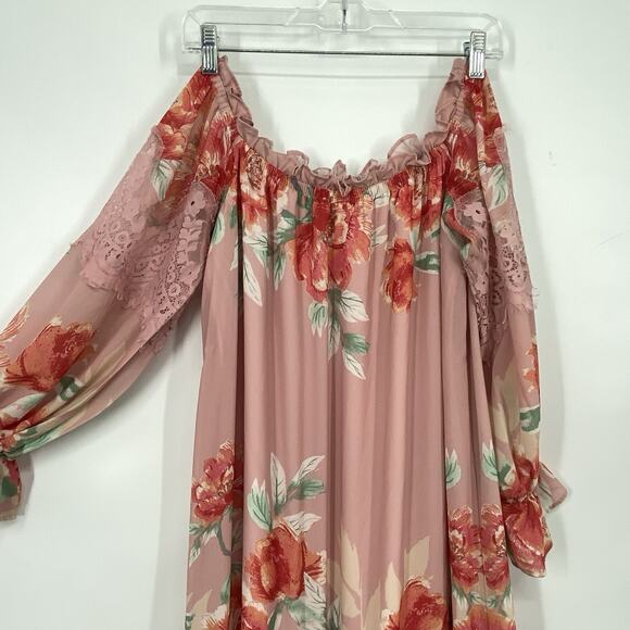 Champagne Strawberry Tiered Maxi Dress size Small Off Shoulder Long Sleeve Flora - Picture 5 of 16